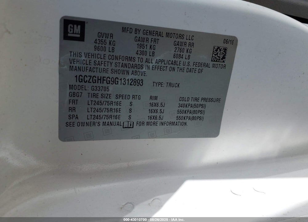 2016 CHEVROLET EXPRESS 3500 VIN: 1GCZGHFG9G1312893