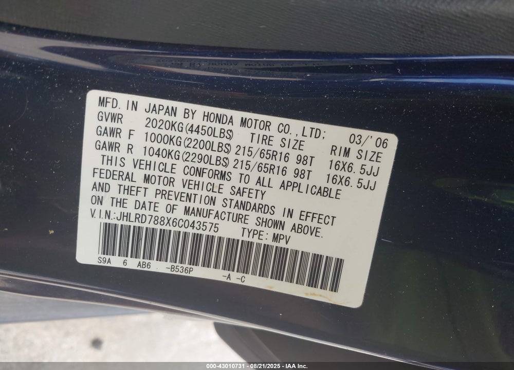 2006 HONDA CR-V VIN: JHLRD788X6C043575
