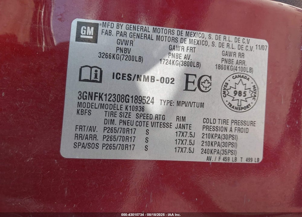 2008 CHEVROLET AVALANCHE 1500 LS/LT/LTZ VIN: 3GNFK12308G189524