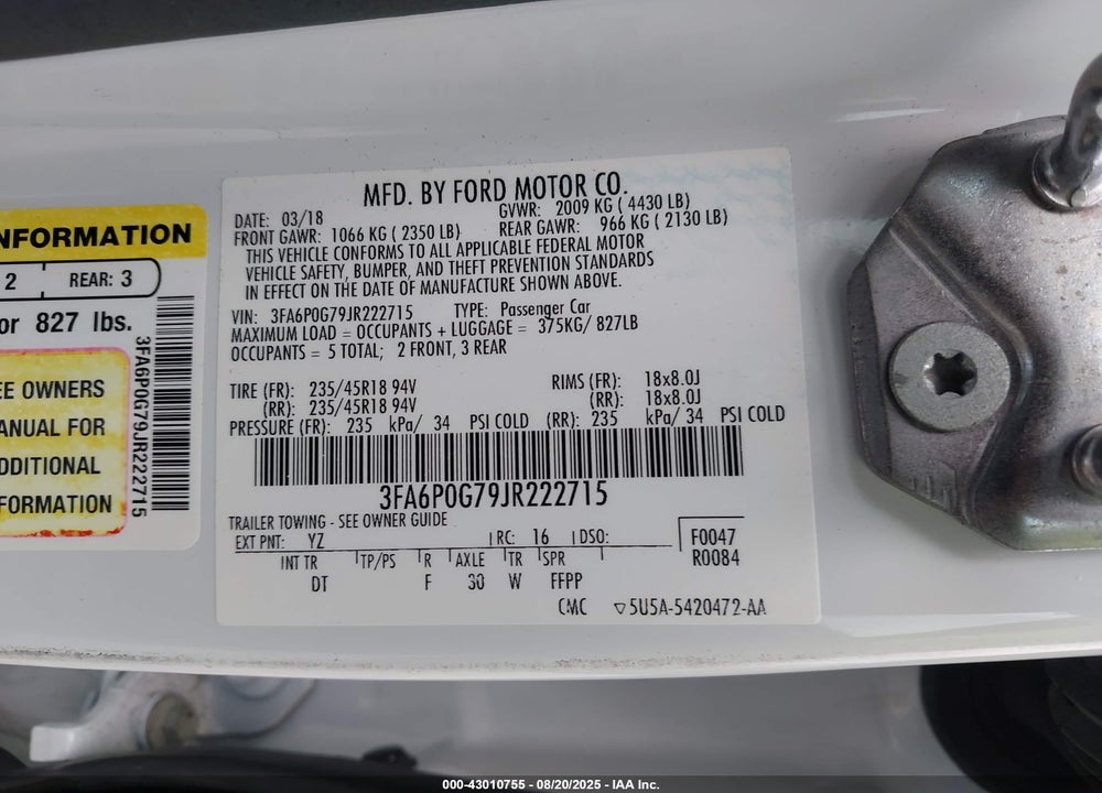 2018 FORD FUSION VIN: 3FA6P0G79JR222715