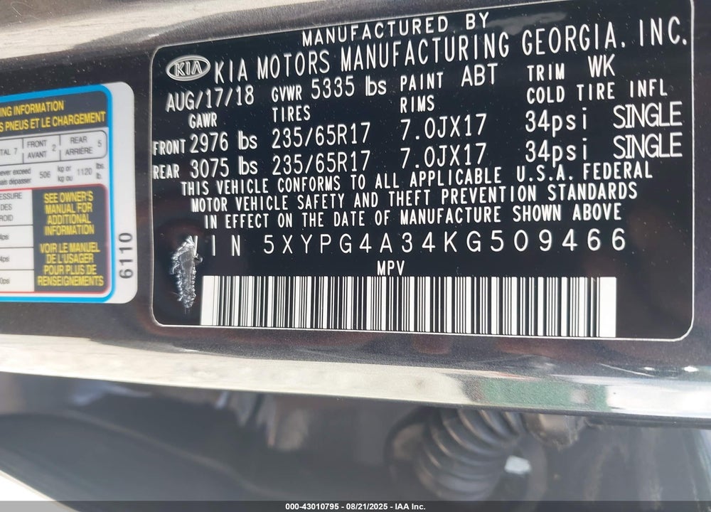 2019 KIA SORENTO VIN: 5XYPG4A34KG509466
