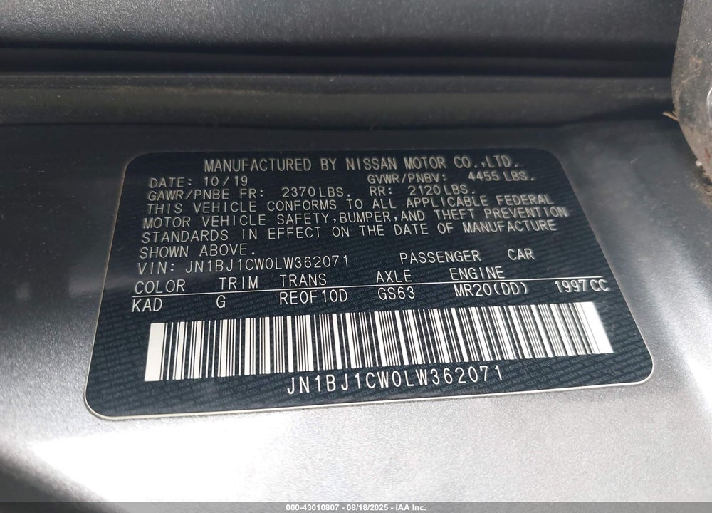 2020 NISSAN ROGUE SPORT VIN: JN1BJ1CW0LW362071