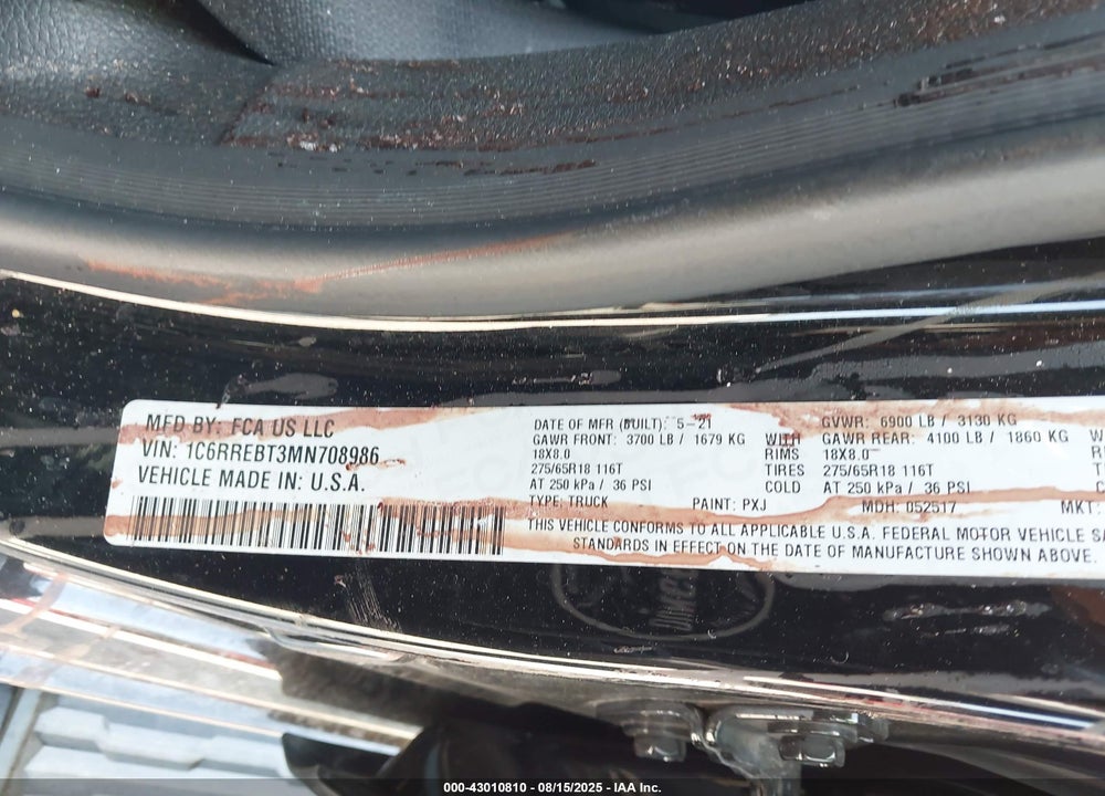 2021 RAM 1500 VIN: 1C6RREBT3MN708986