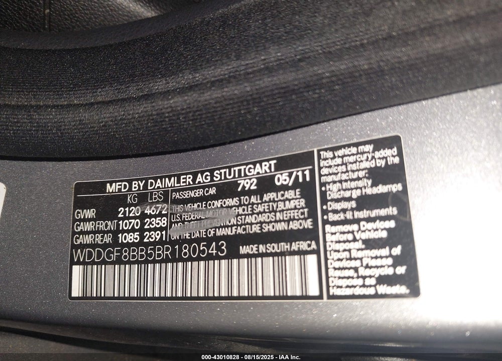 2011 MERCEDES-BENZ C CLASS VIN: WDDGF8BB5BR180543