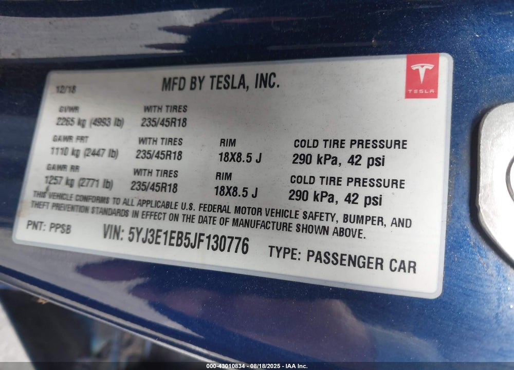2018 TESLA MODEL 3 VIN: 5YJ3E1EB5JF130776