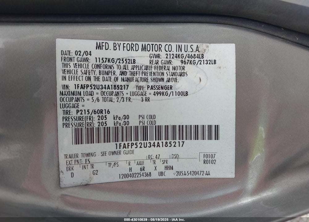 2004 FORD TAURUS LX VIN: 1FAFP52U34A185217