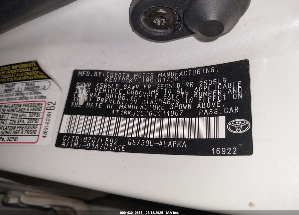 2006 TOYOTA AVALON VIN: 4T1BK36B16U111067