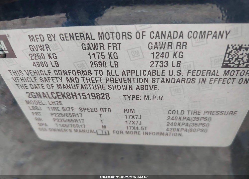 2017 CHEVROLET EQUINOX VIN: 2GNALCEK8H1519828