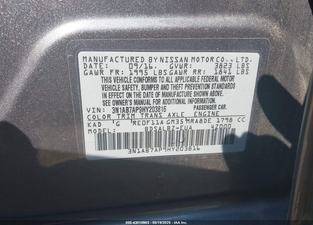 2017 NISSAN SENTRA VIN: 3N1AB7AP9HY203816
