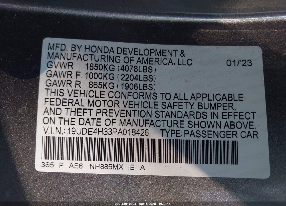 2023 ACURA INTEGRA A-SPEC VIN: 19UDE4H33PA018426