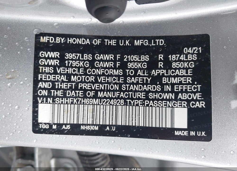 2021 HONDA CIVIC VIN: SHHFK7H69MU224928