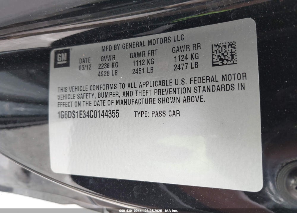 2012 CADILLAC CTS VIN: 1G6DS1E34C0144355