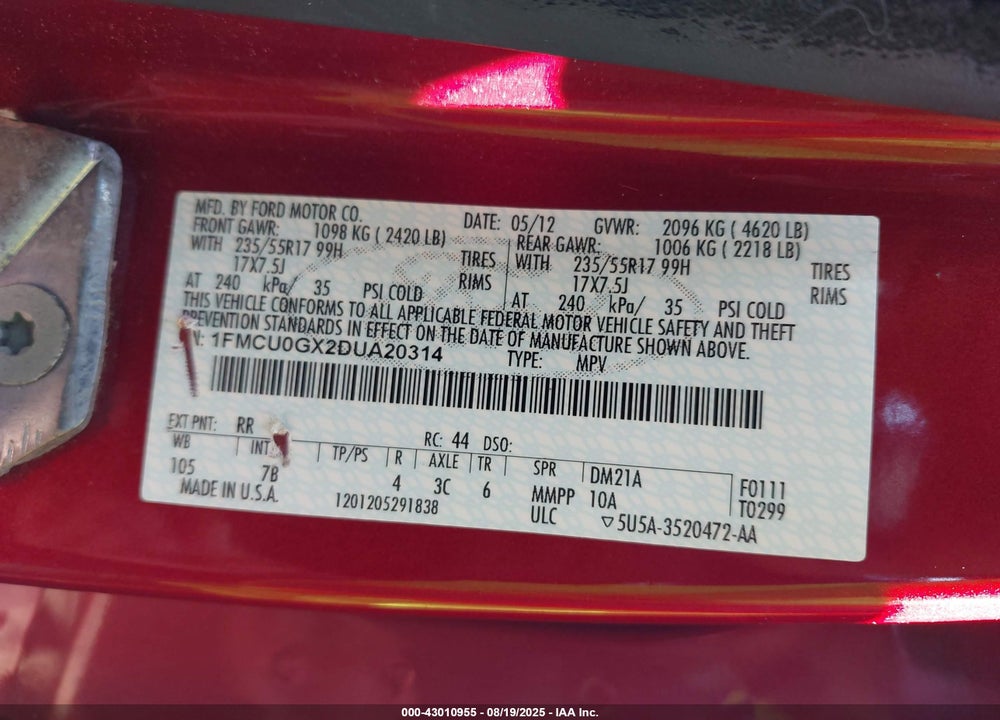 2013 FORD ESCAPE VIN: 1FMCU0GX2DUA20314