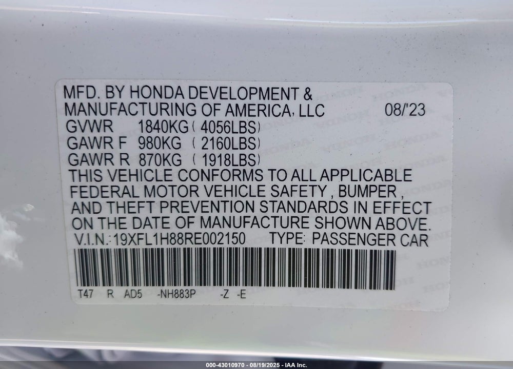 2024 HONDA CIVIC VIN: 19XFL1H88RE002150