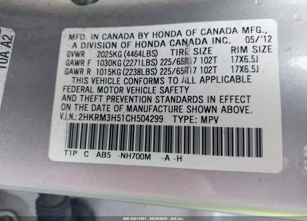 2012 HONDA CR-V EX VIN: 2HKRM3H51CH504299