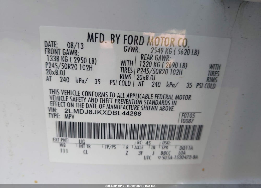 2013 LINCOLN MKX VIN: 2LMDJ8JKXDBL44288