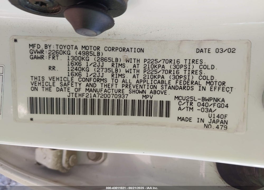 2002 TOYOTA HIGHLANDER V6 VIN: JTEHF21A720070937