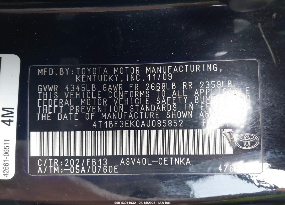 2010 TOYOTA CAMRY VIN: 4T1BF3EK0AU085852