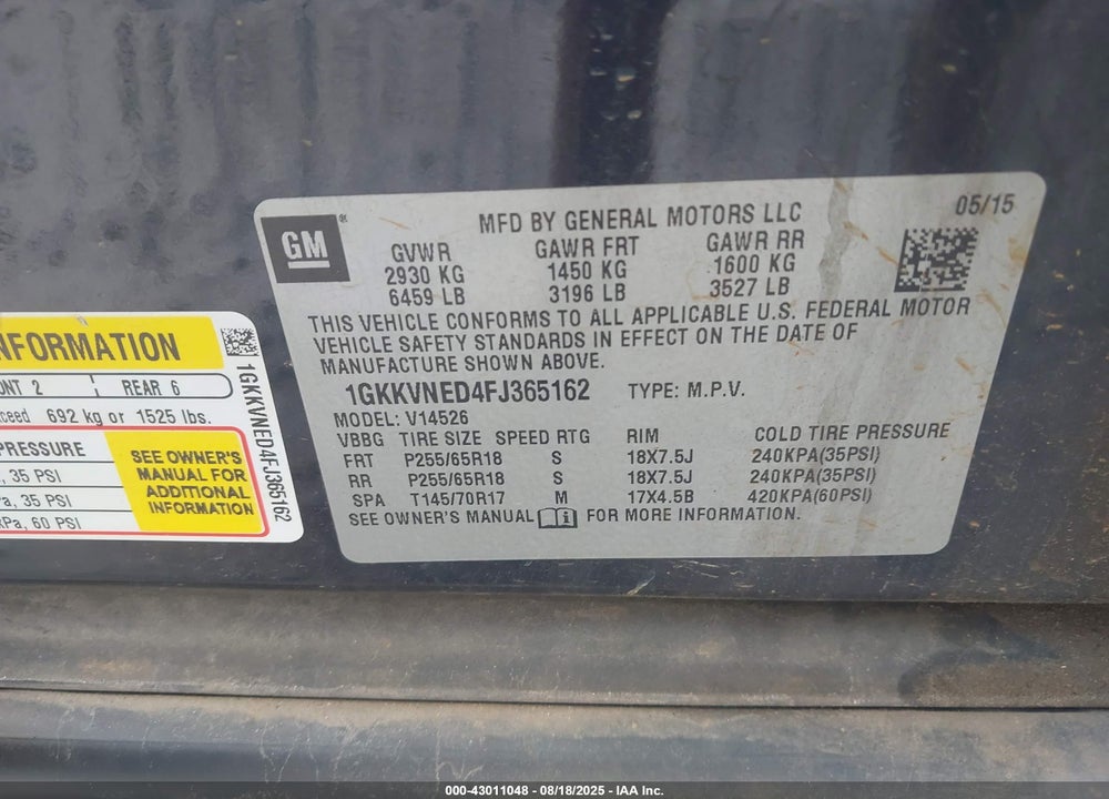 2015 GMC ACADIA VIN: 1GKKVNED4FJ365162