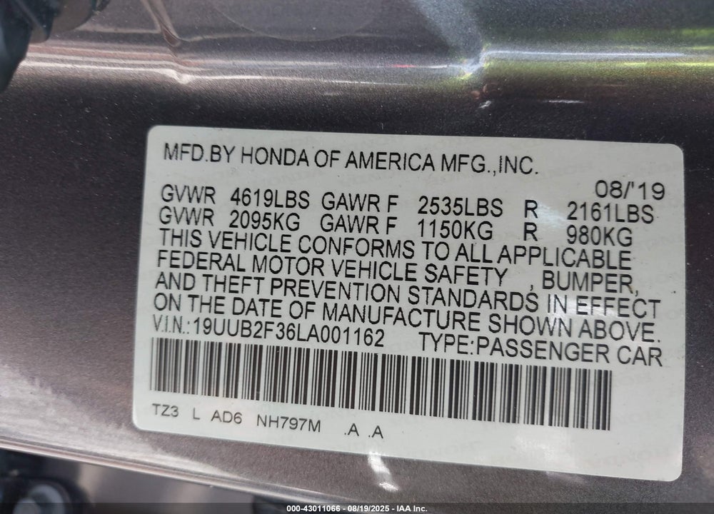 2020 ACURA TLX VIN: 19UUB2F36LA001162