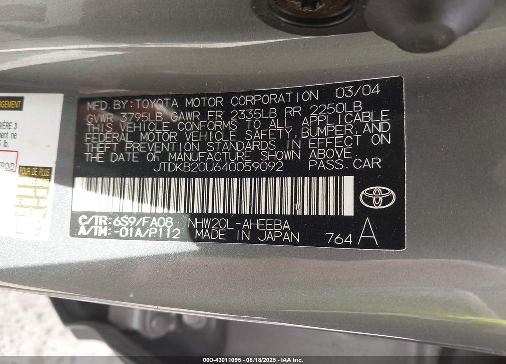 2004 TOYOTA PRIUS VIN: JTDKB20U640059092