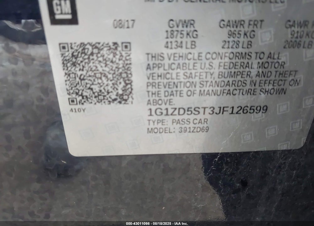 2018 CHEVROLET MALIBU VIN: 1G1ZD5ST3JF126599