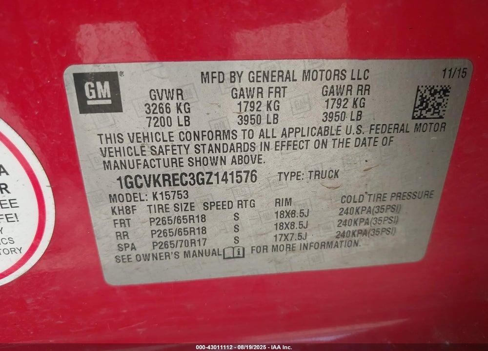 2016 CHEVROLET SILVERADO 1500 VIN: 1GCVKREC3GZ141576