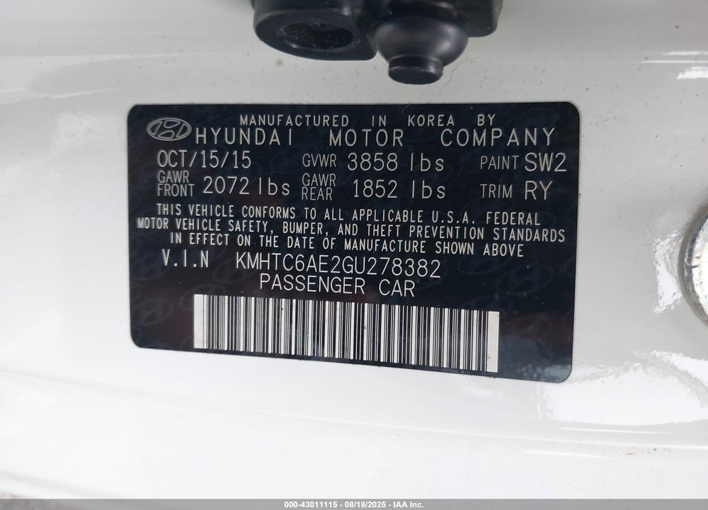 2016 HYUNDAI VELOSTER VIN: KMHTC6AE2GU278382