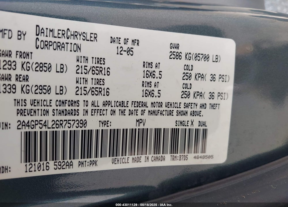 2006 CHRYSLER TOWN & COUNTRY TOURING VIN: 2A4GP54L26R757390