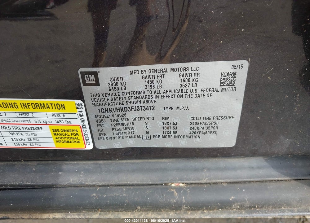 2015 CHEVROLET TRAVERSE VIN: 1GNKVHKD3FJ373472