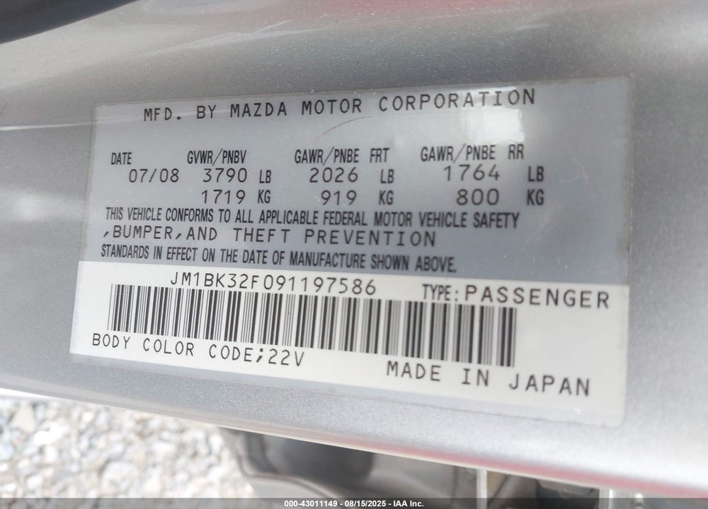2009 MAZDA 3 VIN: JM1BK32F091197586