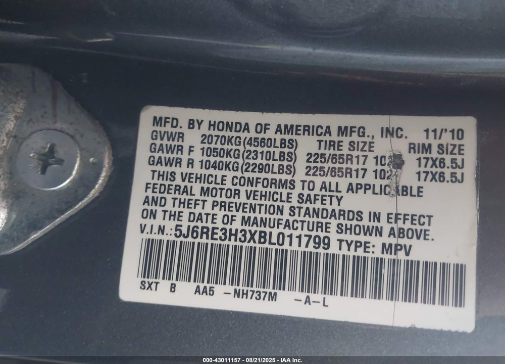 2011 HONDA CR-V LX VIN: 5J6RE3H3XBL011799