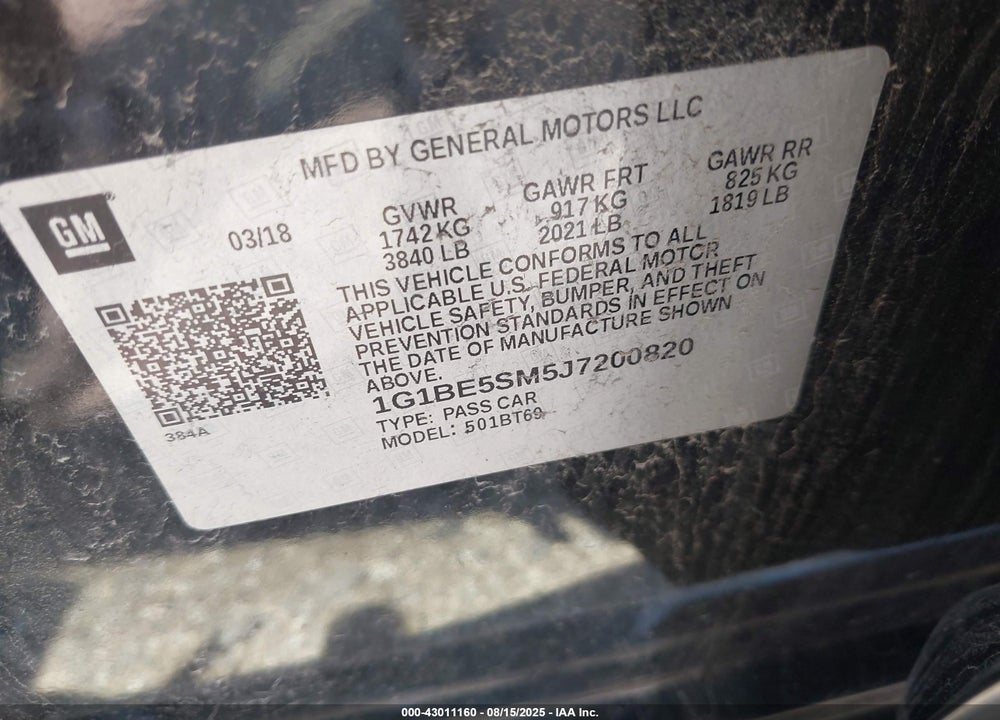 2018 CHEVROLET CRUZE LT AUTO VIN: 1G1BE5SM5J7200820
