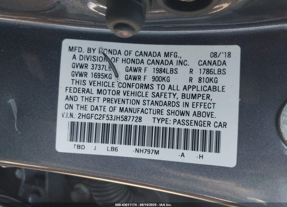 2018 HONDA CIVIC VIN: 2HGFC2F53JH587728