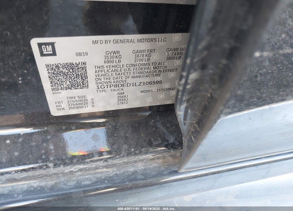 2020 GMC SIERRA 1500 VIN: 1GTP8DED1LZ106595