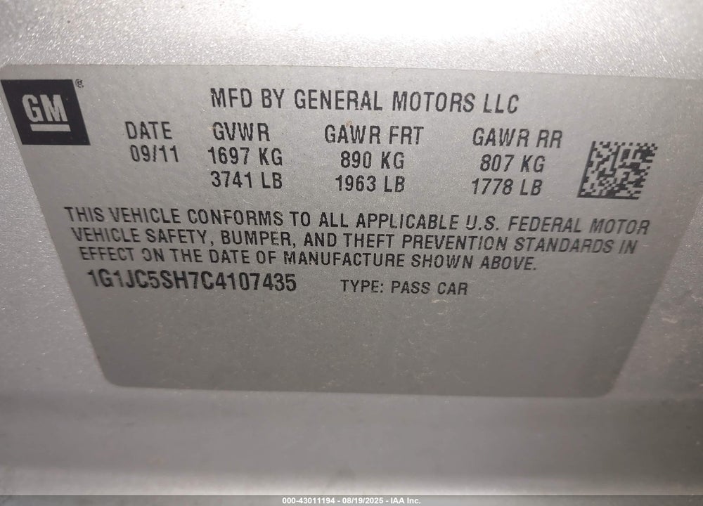 2012 CHEVROLET SONIC VIN: 1G1JC5SH7C4107435