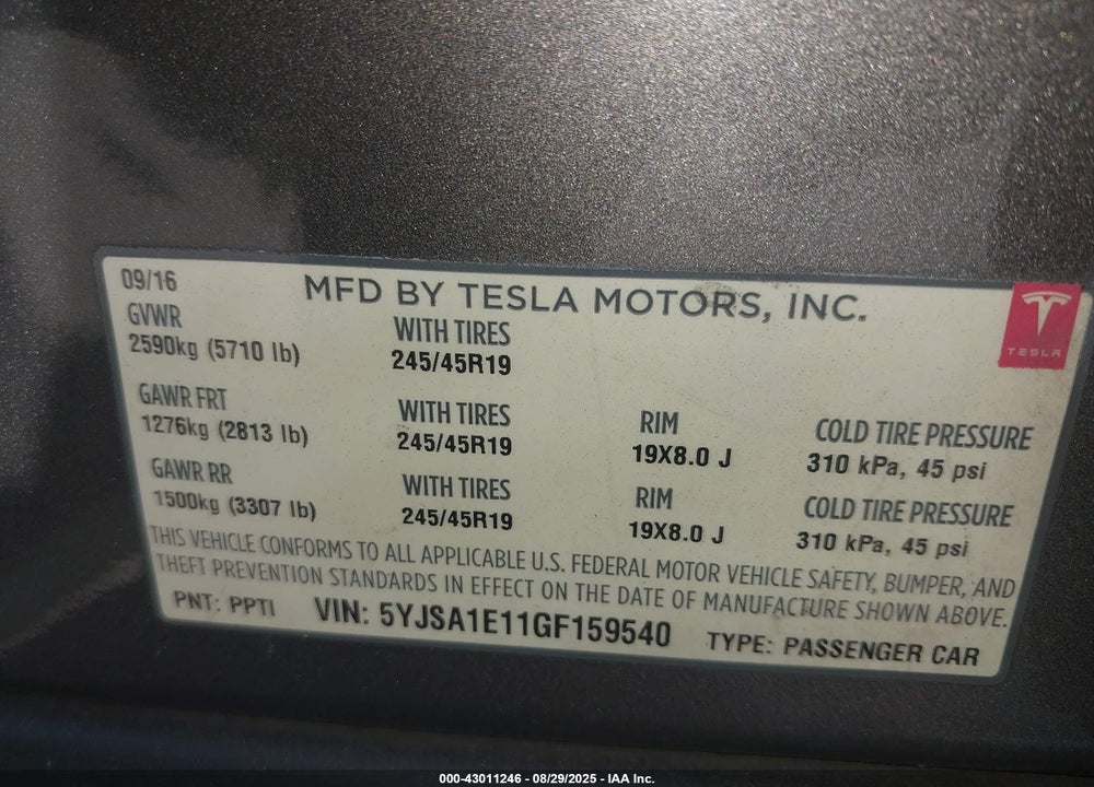 2016 TESLA MODEL S VIN: 5YJSA1E11GF159540