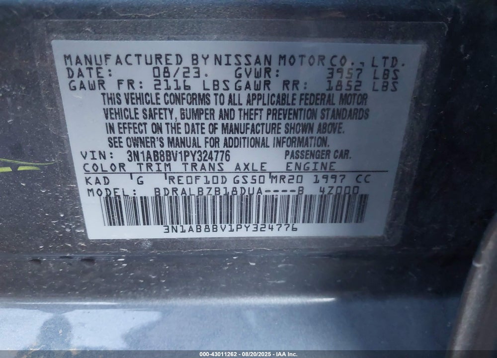 2023 NISSAN SENTRA VIN: 3N1AB8BV1PY324776