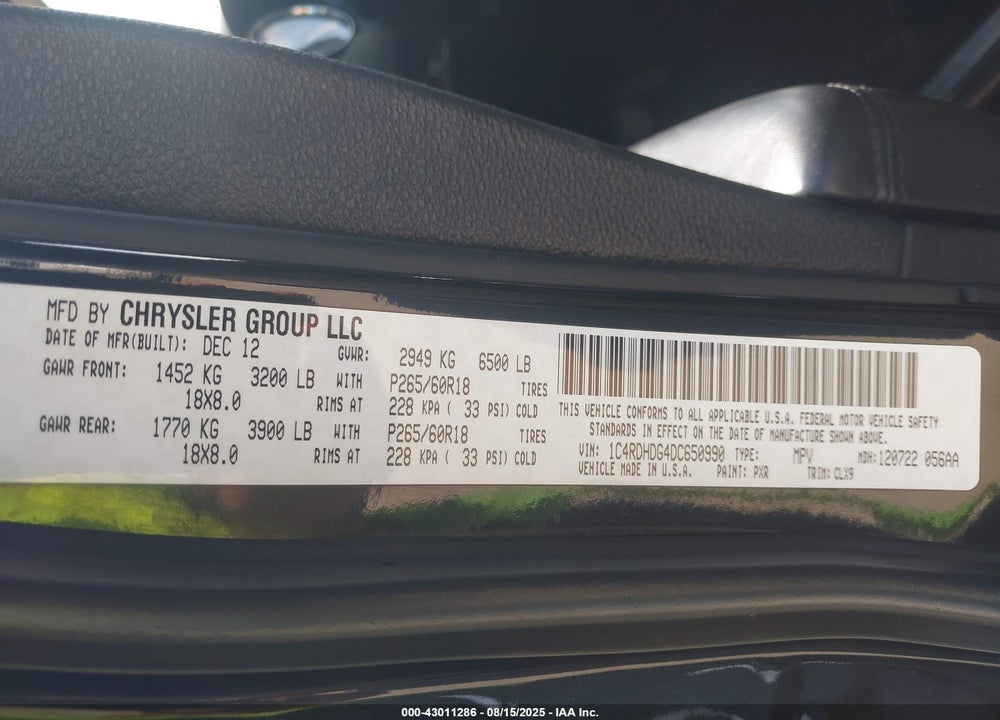 2013 DODGE DURANGO CREW VIN: 1C4RDHDG4DC650990