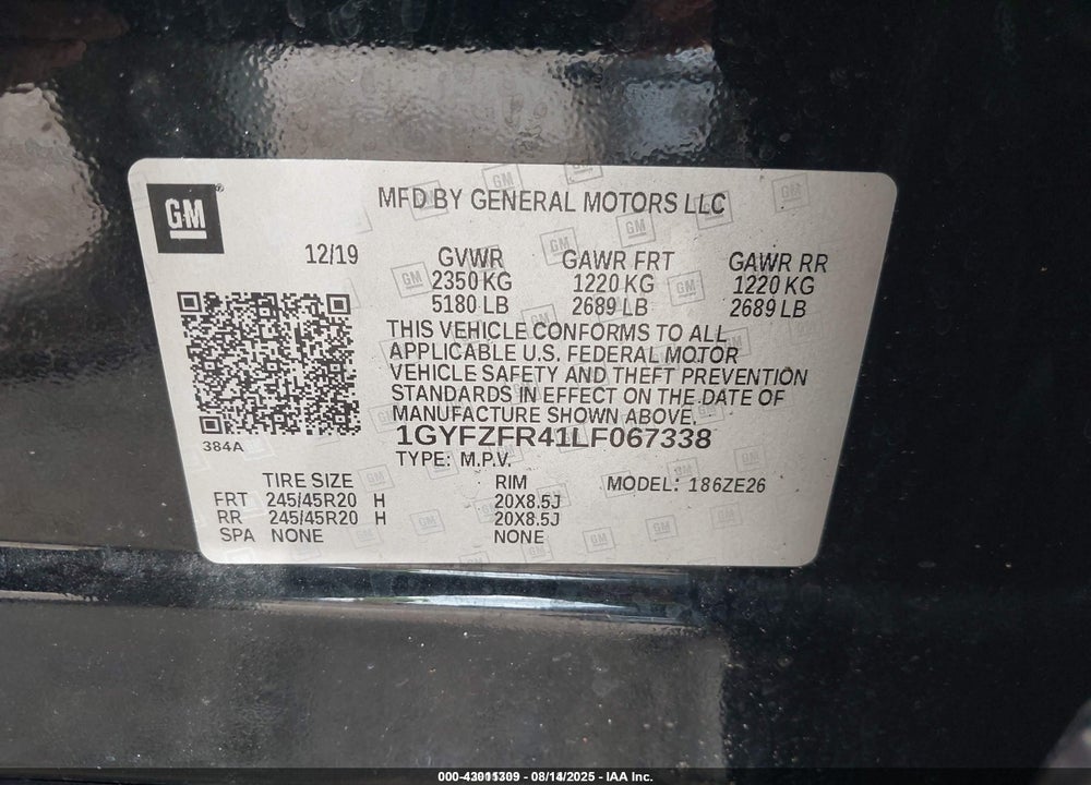 2020 CADILLAC XT4 VIN: 1GYFZFR41LF067338