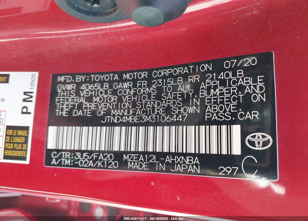 2021 TOYOTA COROLLA VIN: JTND4MBE3M3106447