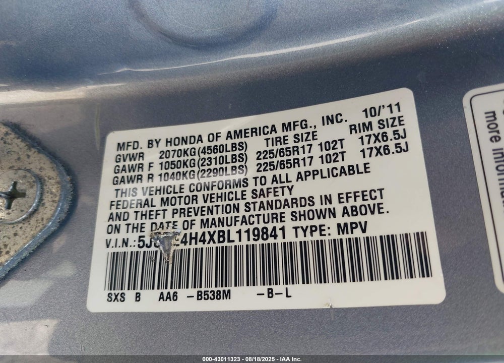 2011 HONDA CR-V VIN: 5J6RE4H4XBL119841