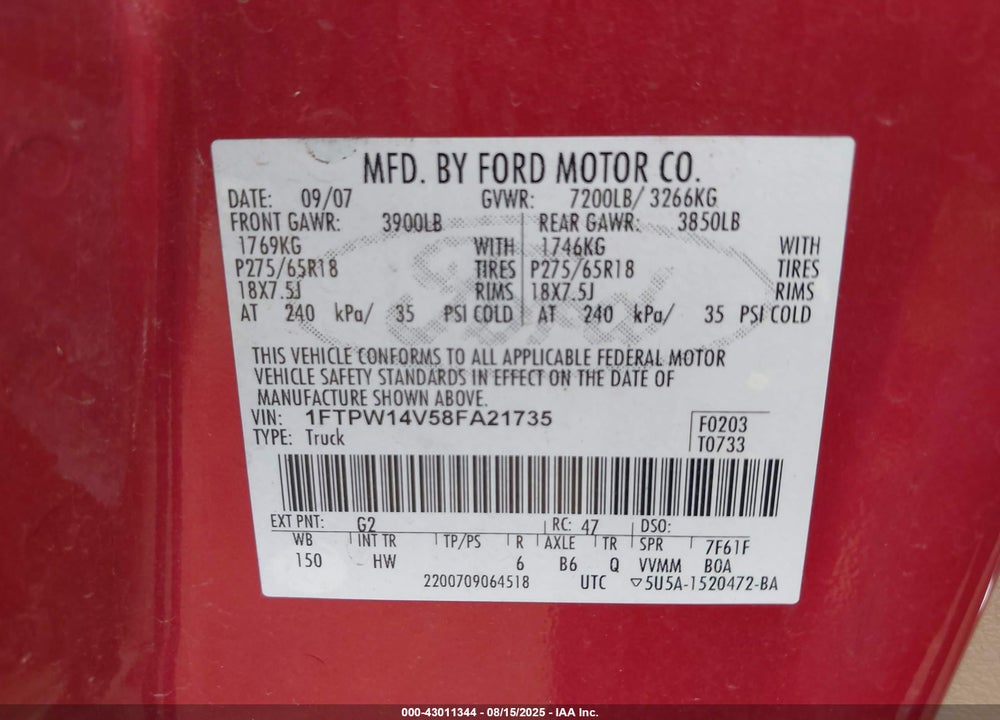 2008 FORD F-150 60TH ANNIVERSARY/FX4/KING RANCH/LARIAT/XLT VIN: 1FTPW14V58FA21735