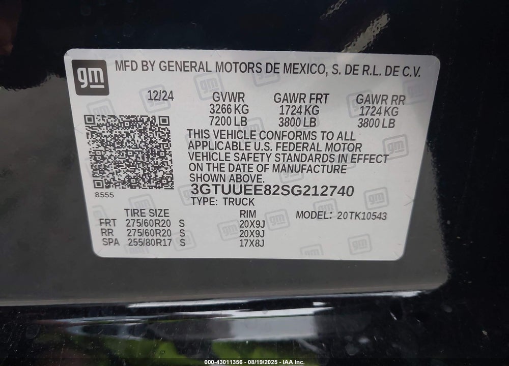 2025 GMC SIERRA 1500 4WD SHORT BOX AT4 VIN: 3GTUUEE82SG212740