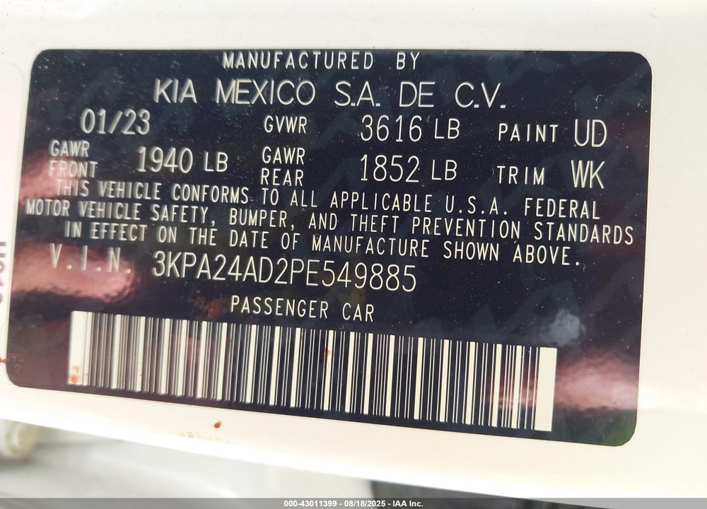 2023 KIA RIO VIN: 3KPA24AD2PE549885