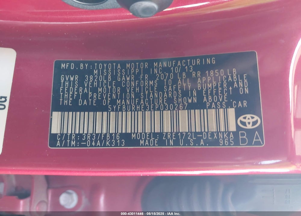 2014 TOYOTA COROLLA VIN: 5YFBURHE3EP030267