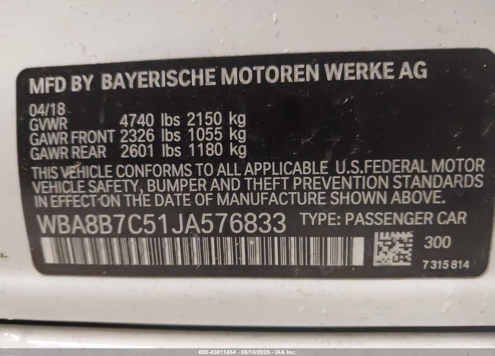 2018 BMW 3 SERIES VIN: WBA8B7C51JA576833