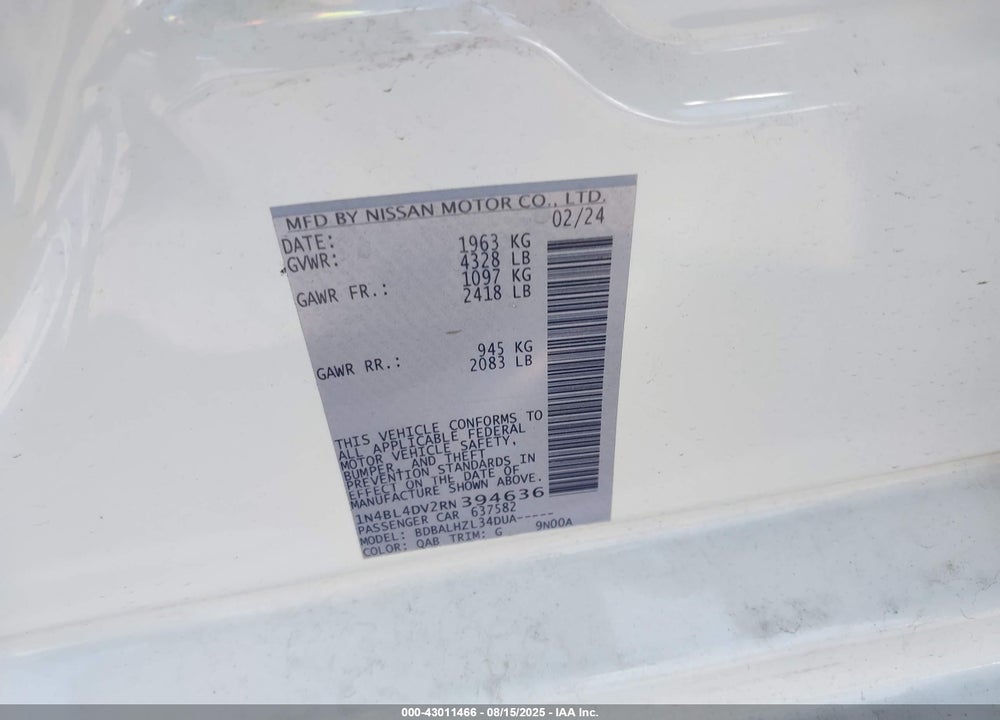 2024 NISSAN ALTIMA VIN: 1N4BL4DV2RN394636