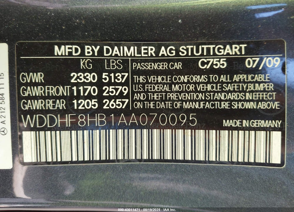2010 MERCEDES-BENZ E-CLASS VIN: WDDHF8HB1AA070095