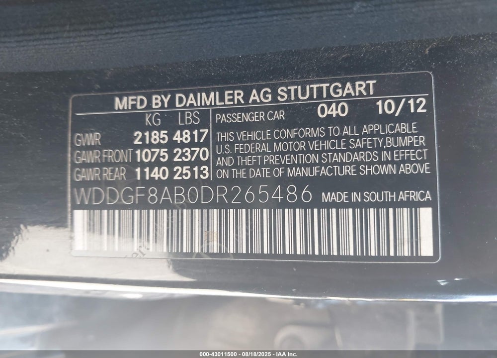 2013 MERCEDES-BENZ C CLASS VIN: WDDGF8AB0DR265486